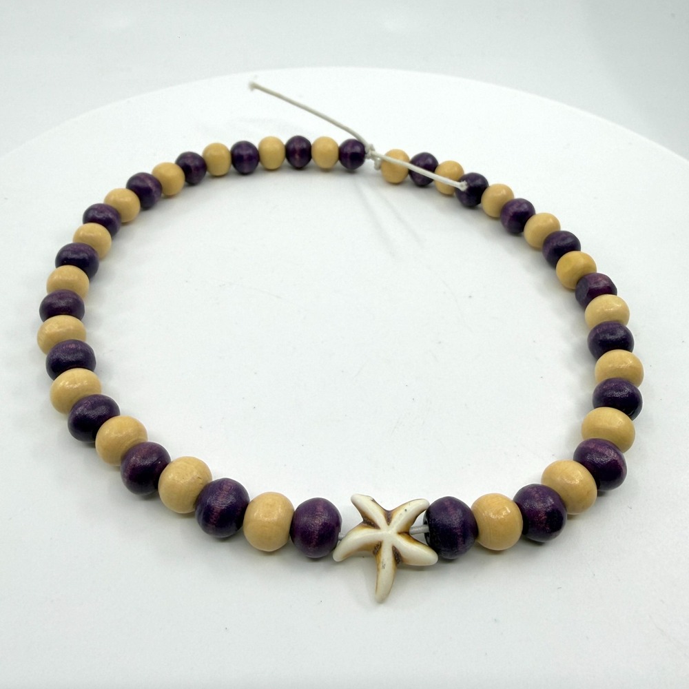 Purple Natural Wood Bead Starfish Necklace Coastal Beach Boho Statement Gift